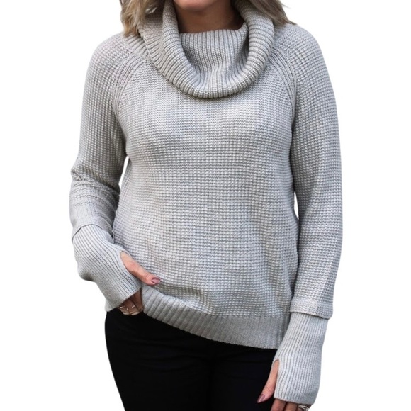 Market & Spruce Cotton Turtleneck Knit Sweater with thumbholes in Light Grey, S - Picture 1 of 12